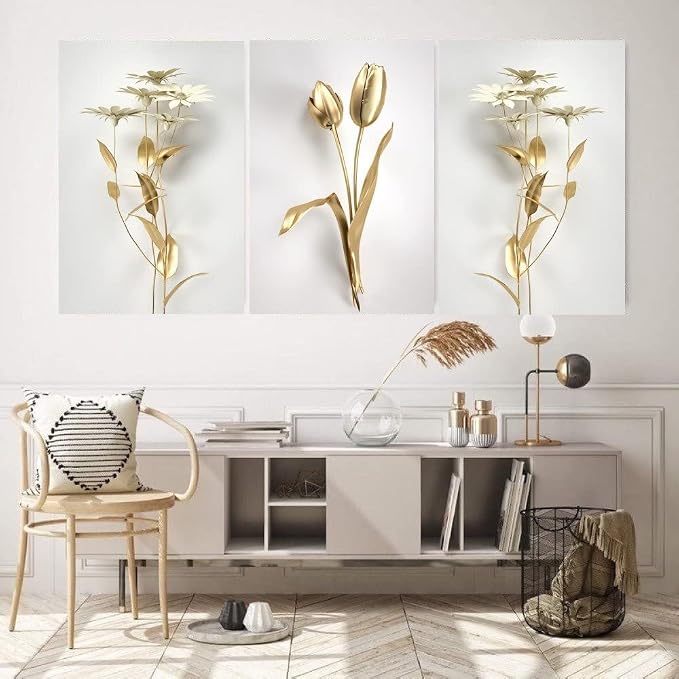 Tulipes Dorées et Marguerites Tableau en Verre Trempé