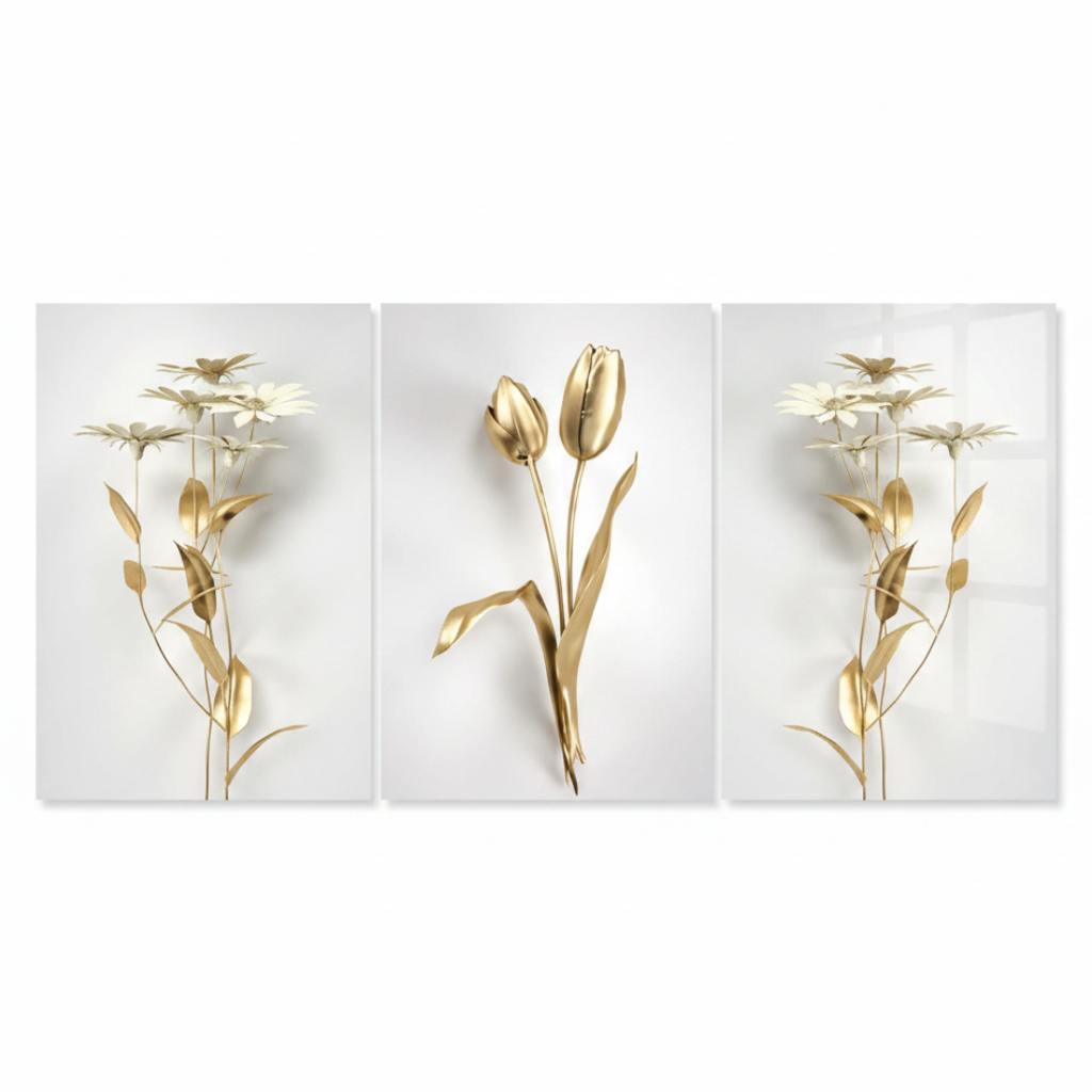 Tulipes Dorées et Marguerites Tableau en Verre Trempé