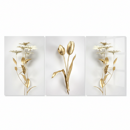 Tulipes Dorées et Marguerites Tableau en Verre Trempé