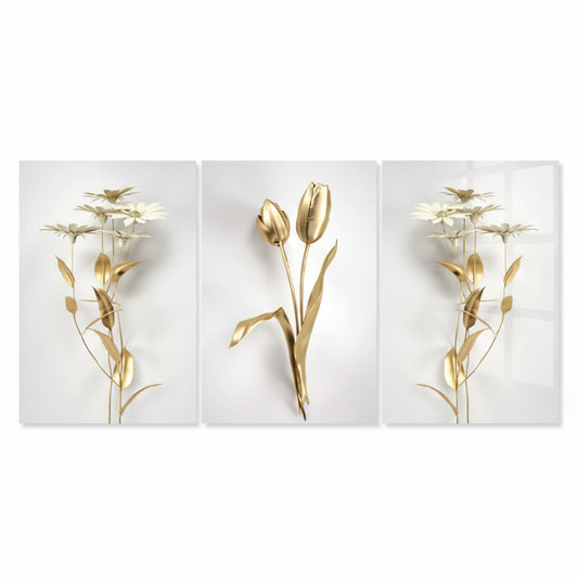 Golden Tulips Daisies Glass Wall Art