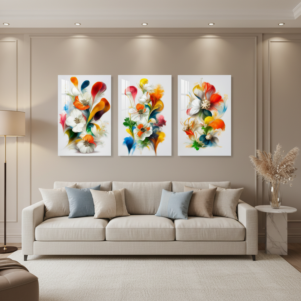 Fleurs Abstraites Colorées Tableau en Verre Trempé