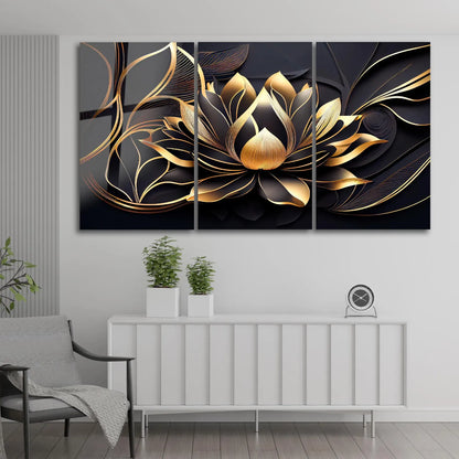 Lotus Noir et Or Tableau en Verre Trempé