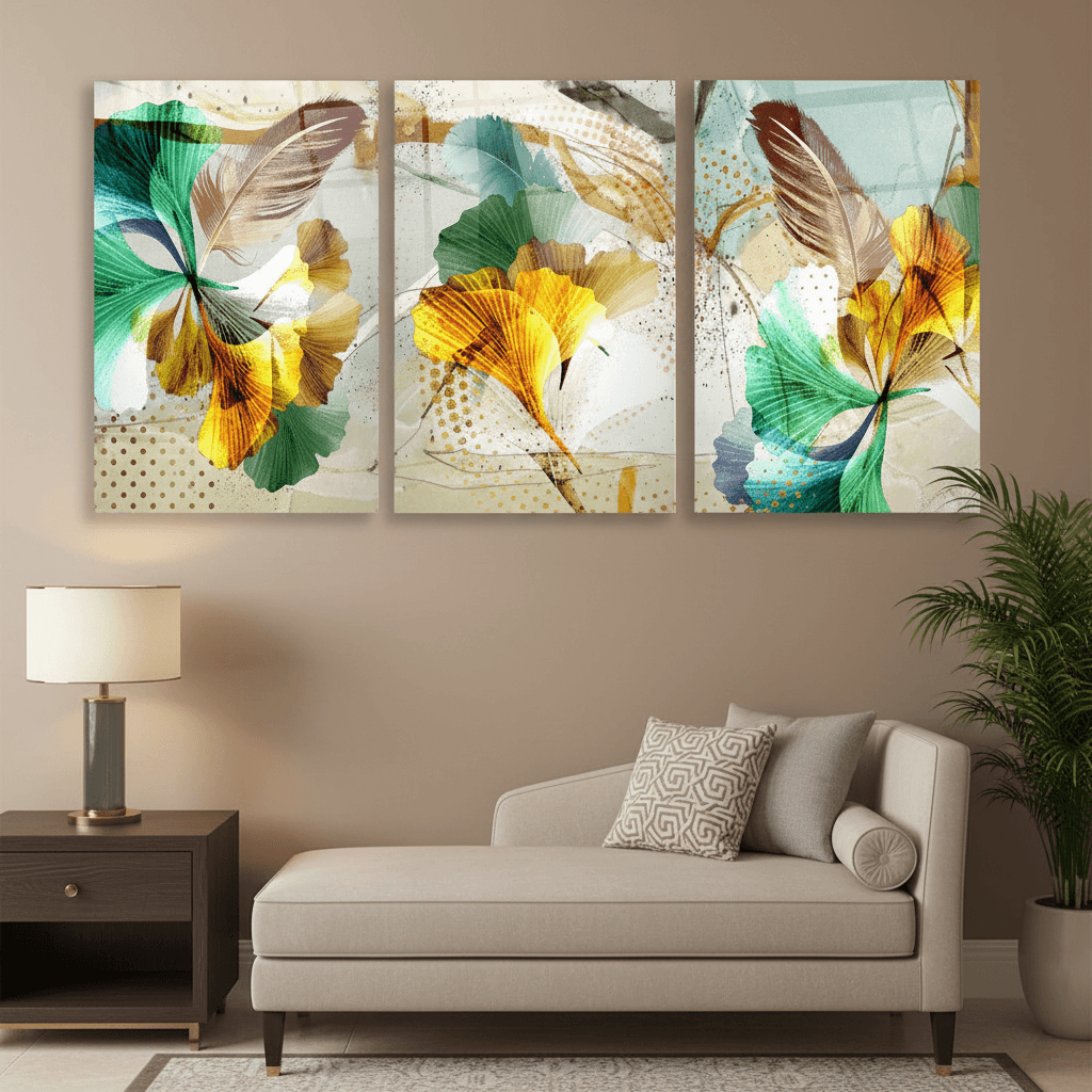 Piume e Foglie Quadro in vetro temperato
