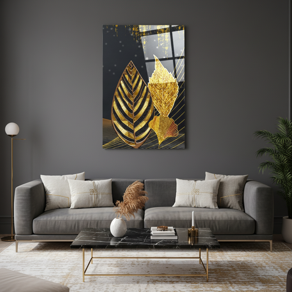 Luxury Gold Leaves Glass Wall Art