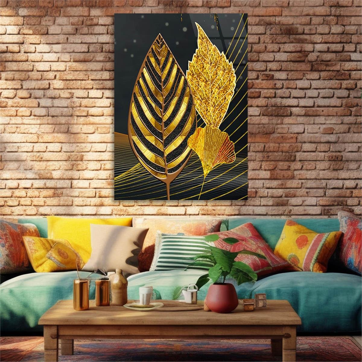 Gold Leaves Glass Wall Art