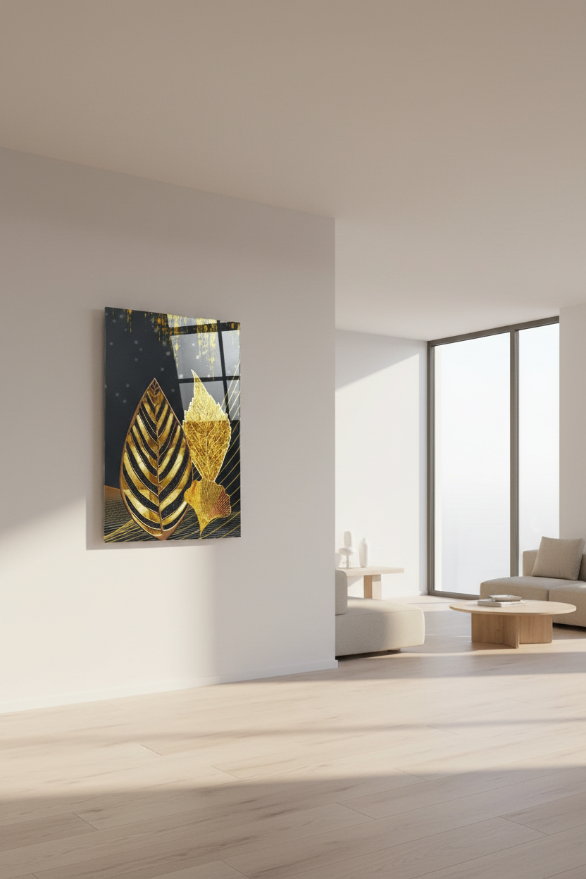 Luxury Gold Leaves Glass Wall Art