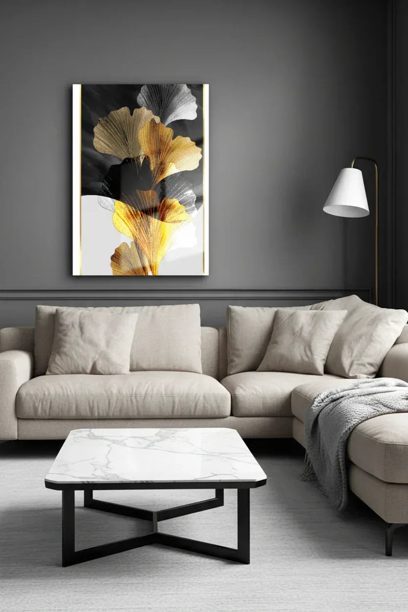 Elegant Gold Leaves Glass Wall Art - LUXARTDECO