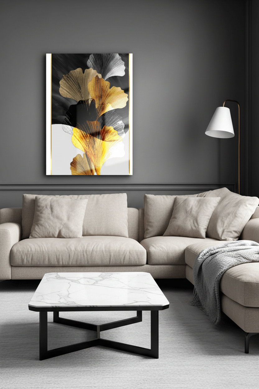 Elegant Gold Leaves Glass Wall Art