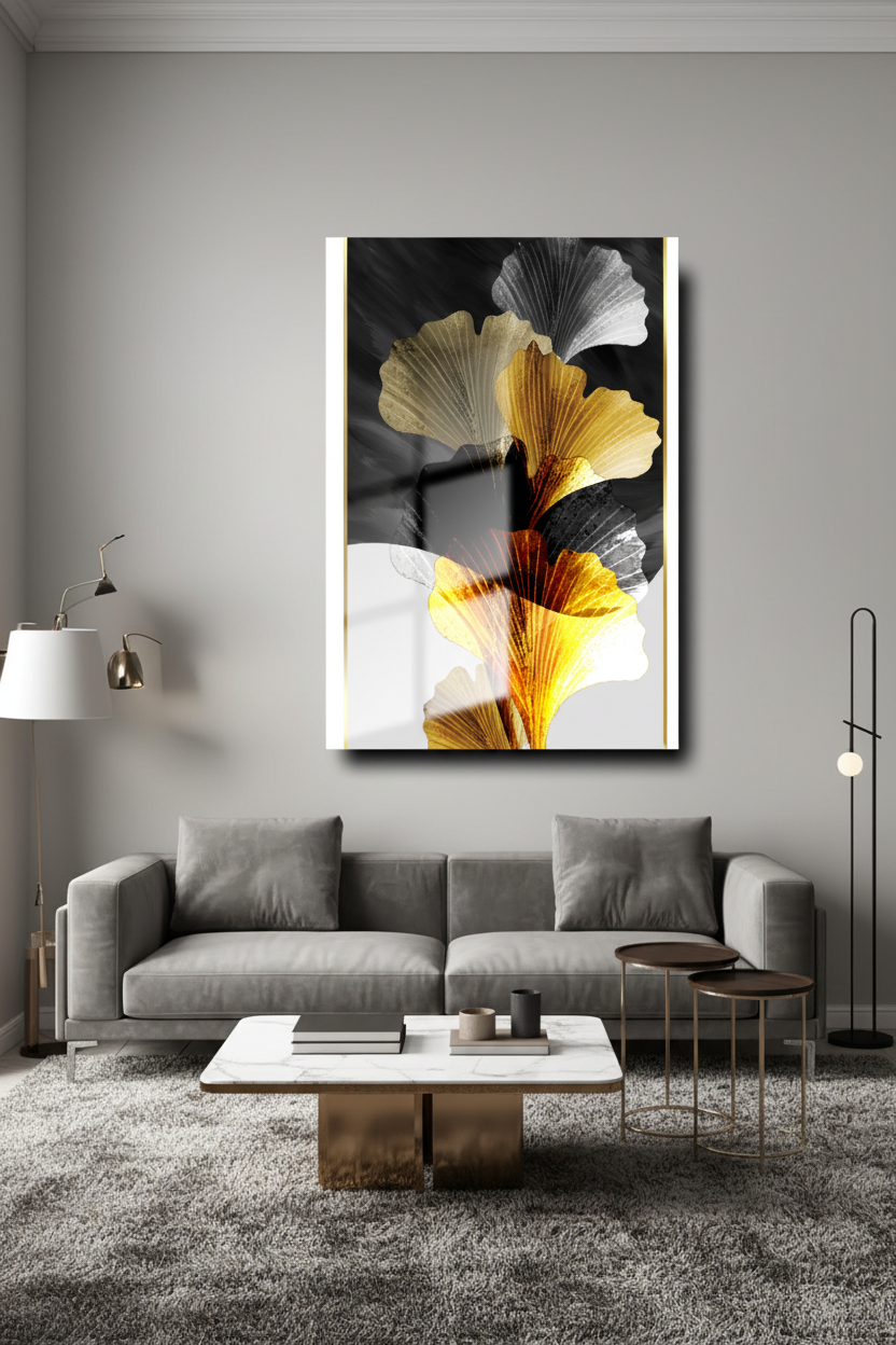 Elegant Gold Leaves Glass Wall Art