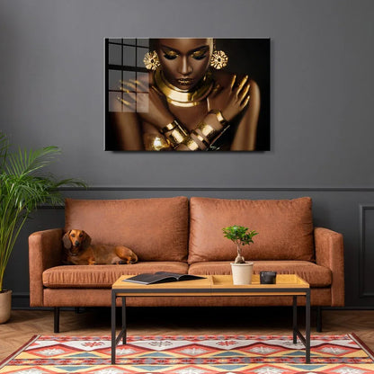 Gold African Woman Portrait Glass Wall Art - LUXARTDECO