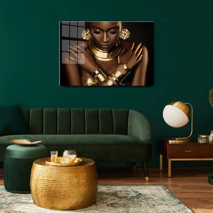 Gold African Woman Portrait Glass Wall Art - LUXARTDECO