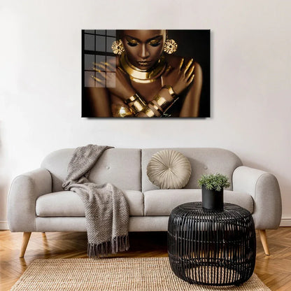 Gold African Woman Portrait Glass Wall Art - LUXARTDECO