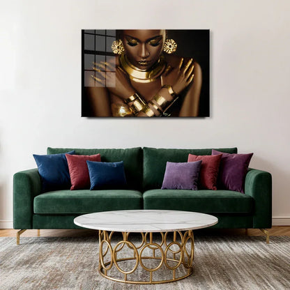 Gold African Woman Portrait Glass Wall Art - LUXARTDECO