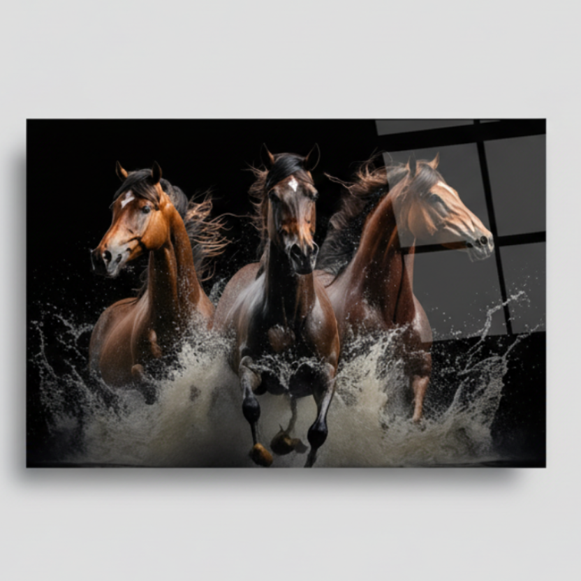 Élégant Chevaux Tableau en Verre Trempé