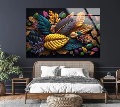 Multicolor Autumn Leaves Glass Wall Art - LUXARTDECO