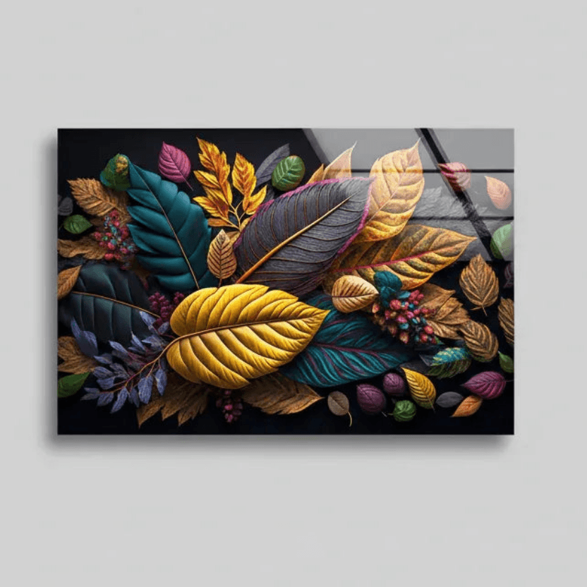 Multicolor Autumn Leaves Glass Wall Art - LUXARTDECO
