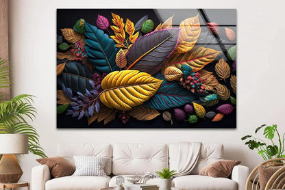 Multicolor Autumn Leaves Glass Wall Art - LUXARTDECO