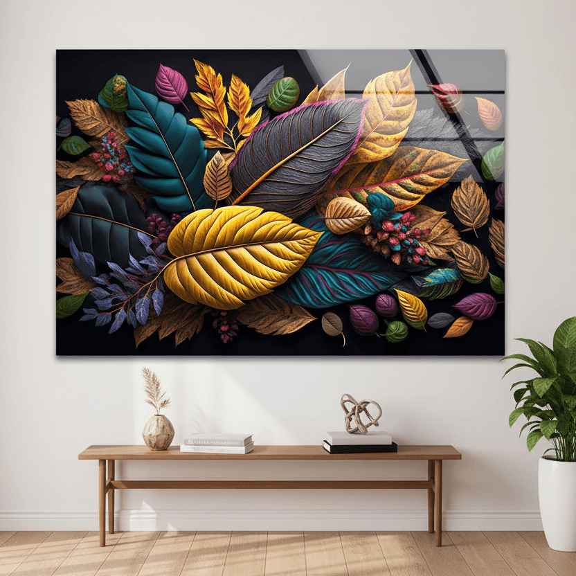Multicolor Autumn Leaves Glass Wall Art