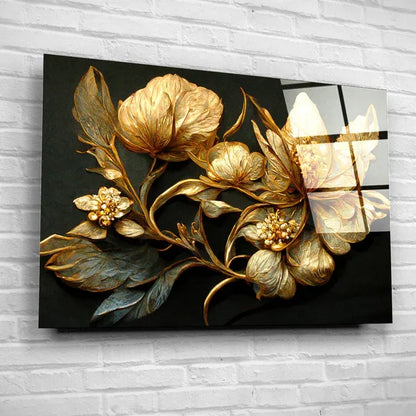 Golden Flower Glass Wall Art - LUXARTDECO