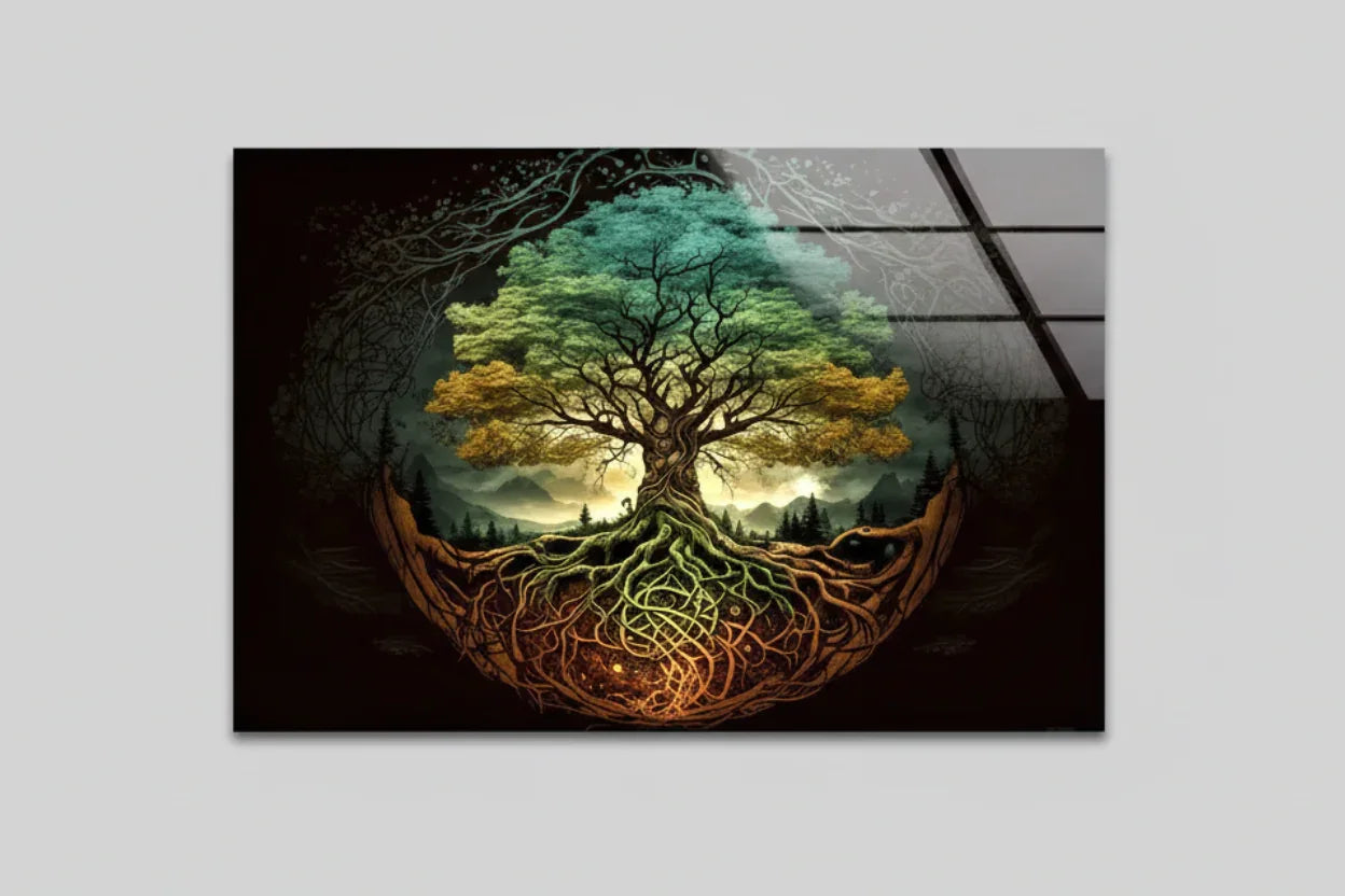 Turquoise & Gold Tree of Life Glass Wall Art - LUXARTDECO