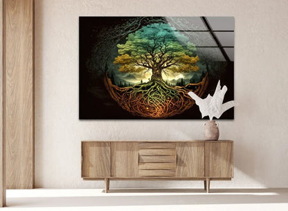 Turquoise & Gold Tree of Life Glass Wall Art - LUXARTDECO