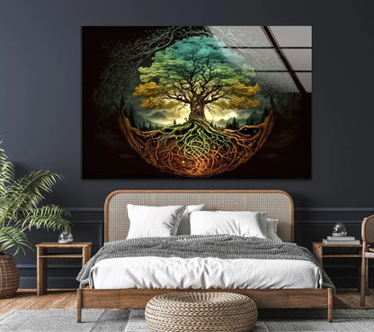 Turquoise & Gold Tree of Life Glass Wall Art - LUXARTDECO