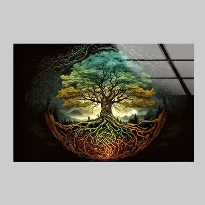 Turquoise & Or Arbre de Vie Tableau en Verre Trempé