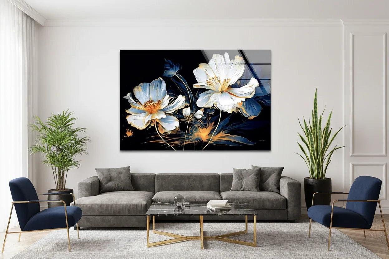 White & Blue Floral Glass Wall Art - LUXARTDECO
