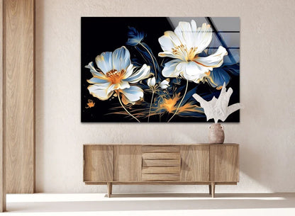 White & Blue Floral Glass Wall Art - LUXARTDECO