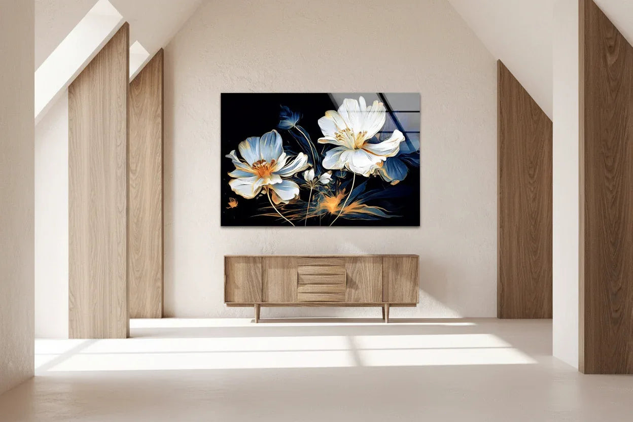 White & Blue Floral Glass Wall Art - LUXARTDECO