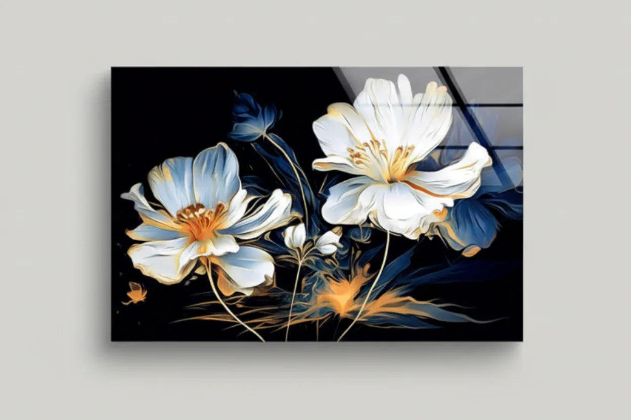 White & Blue Floral Glass Wall Art - LUXARTDECO