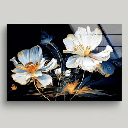 Blanc & Bleu Floral Tableau en Verre Trempé