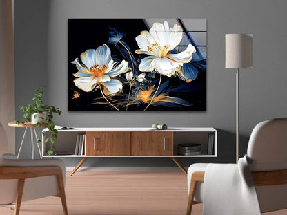 White & Blue Floral Glass Wall Art - LUXARTDECO
