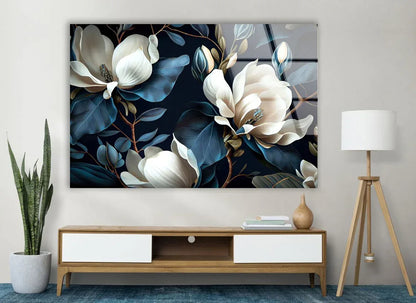 White & Blue Magnolia Glass Wall Art - LUXARTDECO