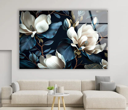 White & Blue Magnolia Glass Wall Art - LUXARTDECO