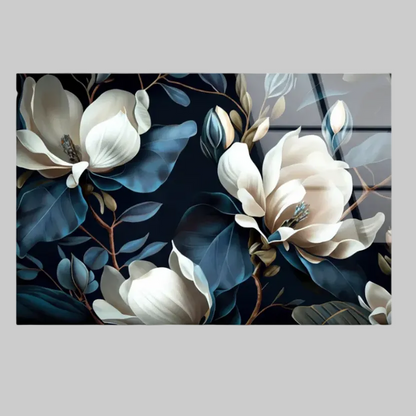 Blanc & Bleu Magnolia Tableau en Verre Trempé