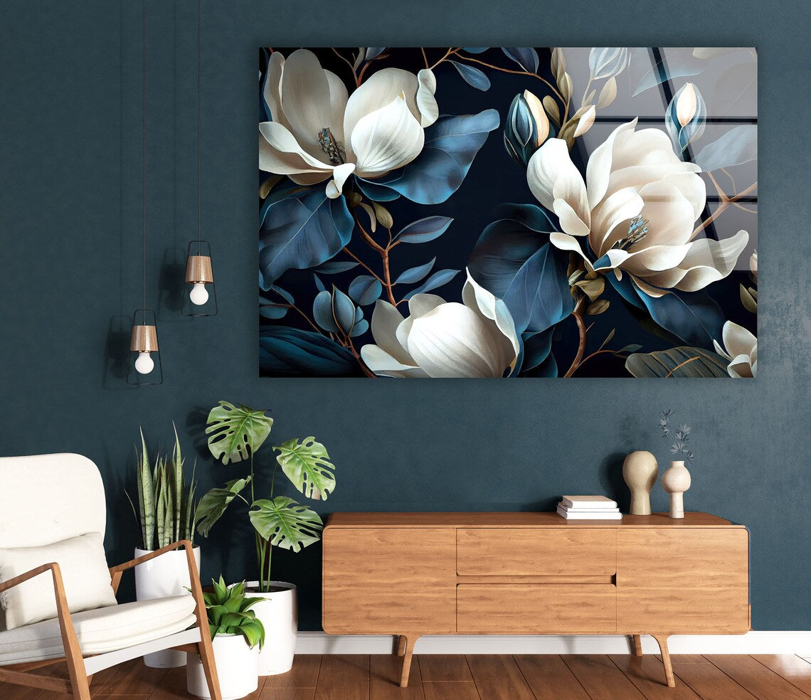 White Magnolia Glass Wall Art