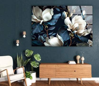 White & Blue Magnolia Glass Wall Art - LUXARTDECO