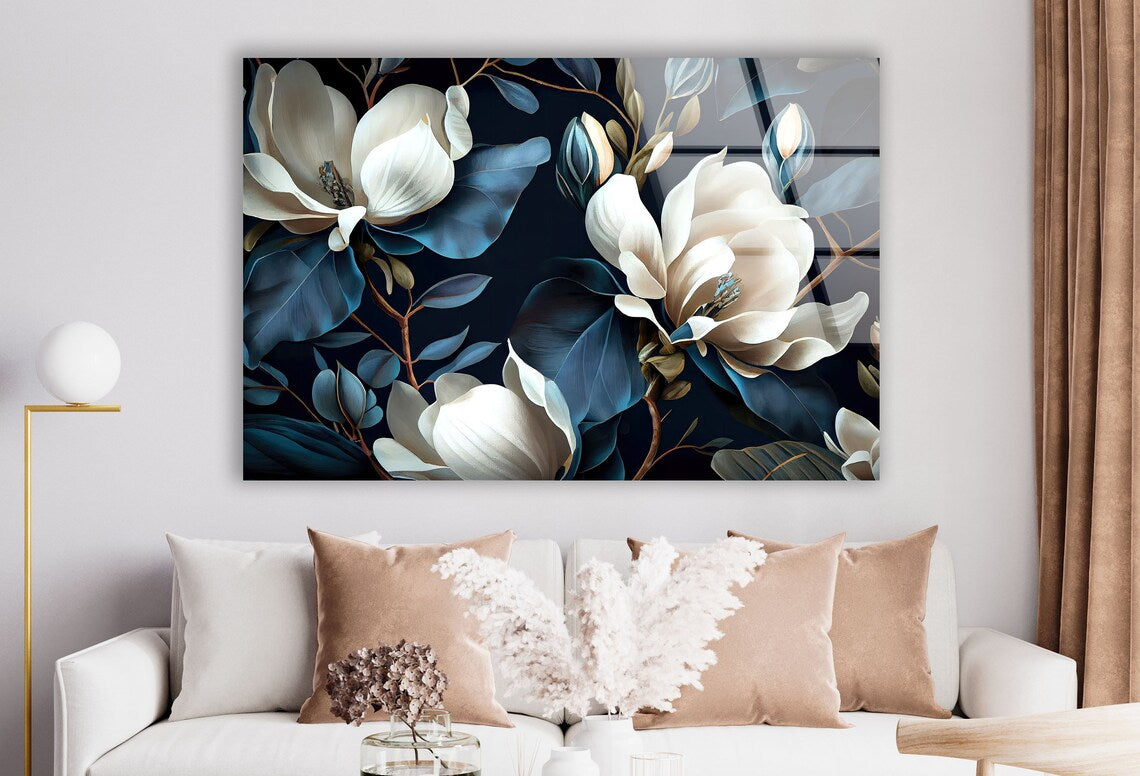 White Magnolia Glass Wall Art