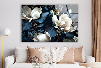 White & Blue Magnolia Glass Wall Art - LUXARTDECO