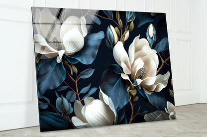 White & Blue Magnolia Glass Wall Art - LUXARTDECO