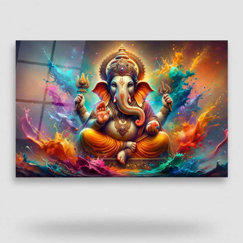 Ganesha Multicolore Quadro in Vetro Temperato