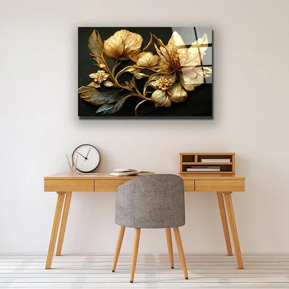Golden Flower Glass Wall Art - LUXARTDECO