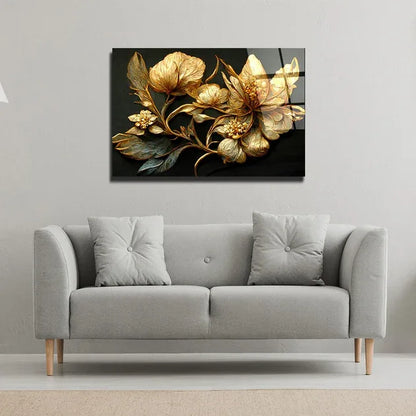 Golden Flower Glass Wall Art - LUXARTDECO