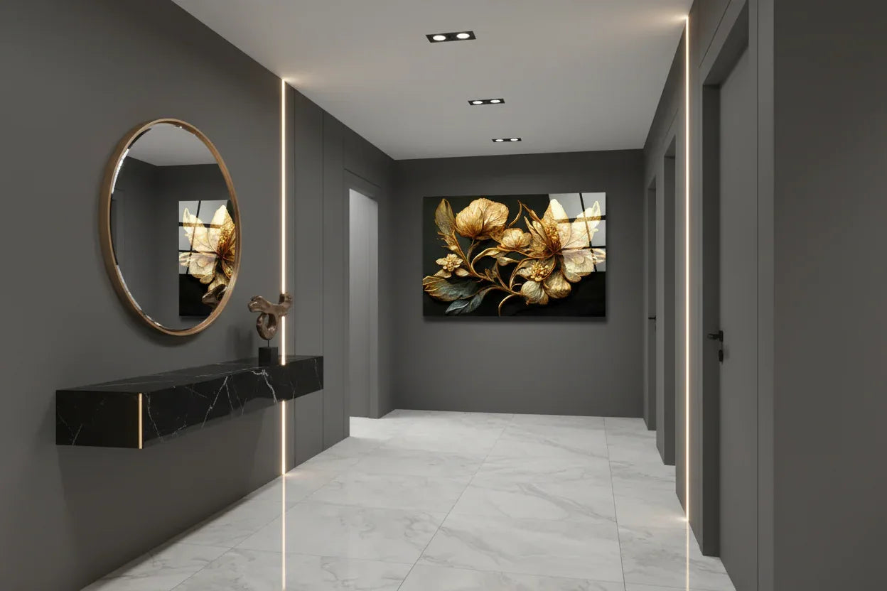 Golden Flower Glass Wall Art - LUXARTDECO
