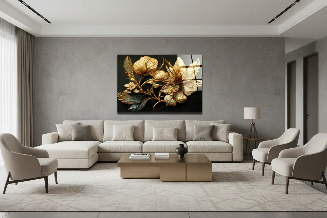 Golden Flower Glass Wall Art - LUXARTDECO