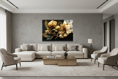 Golden Flower Glass Wall Art - LUXARTDECO