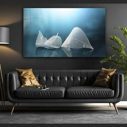 White & Blue Leaves Glass Wall Art - LUXARTDECO