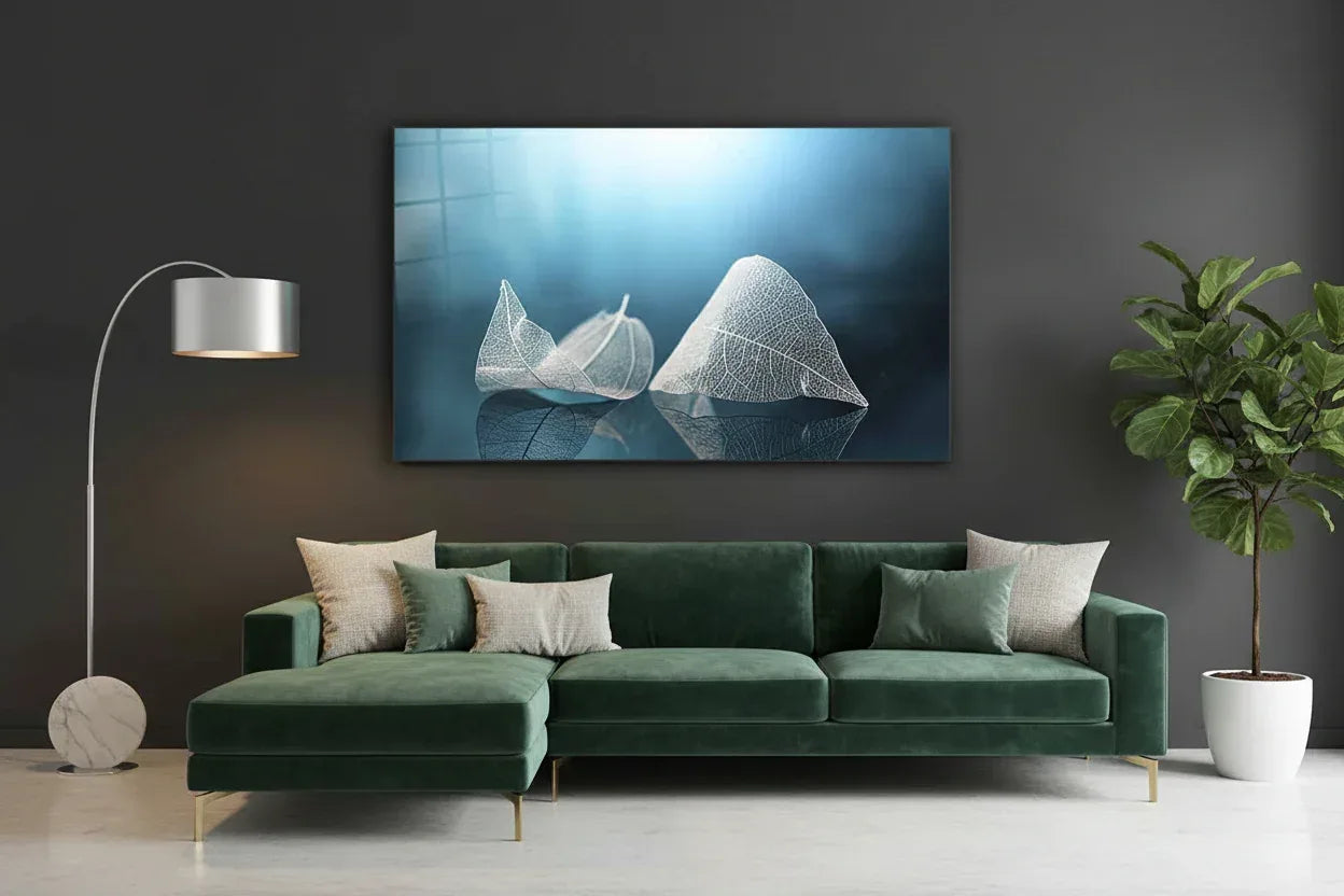 White & Blue Leaves Glass Wall Art - LUXARTDECO