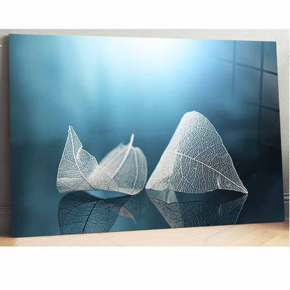 White & Blue Leaves Glass Wall Art - LUXARTDECO